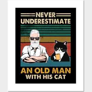 Never underestimate an old men with his cat Posters and Art